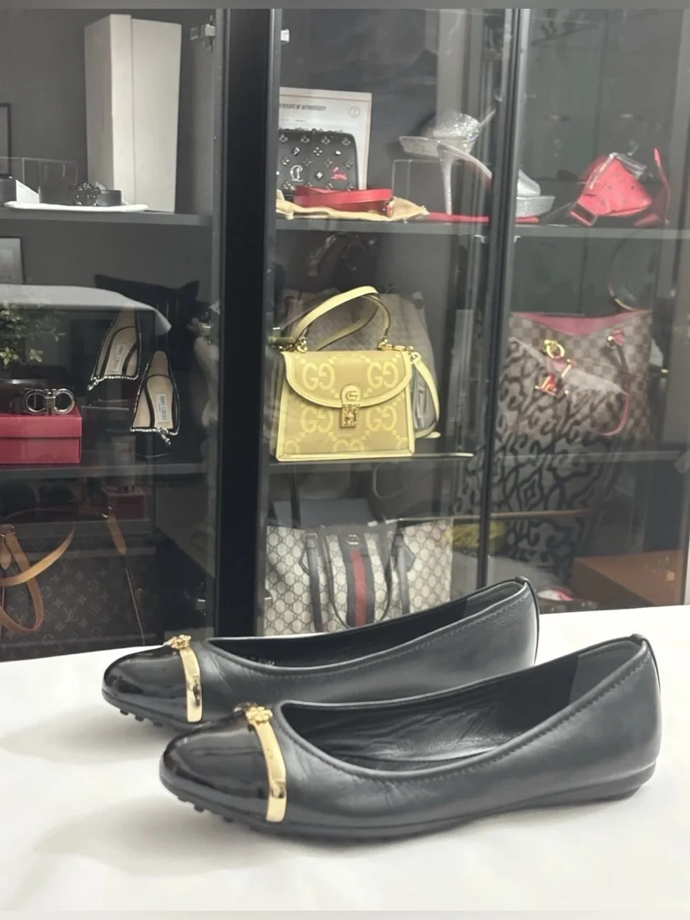 Tory Burch Pacey Black Leather Cap Toe Logo Ballerina Flats Size  6.5M.